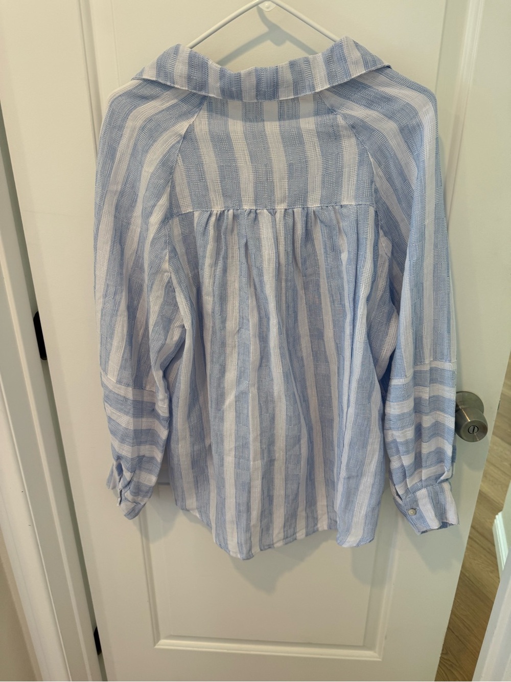 Blue & White Striped Button-Down Shirt with Pocket Embroidery - Picture 3 of 6